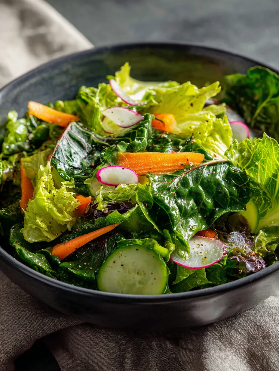 Salad bowl showing off cucumbers, carrots, and leafy greens.
