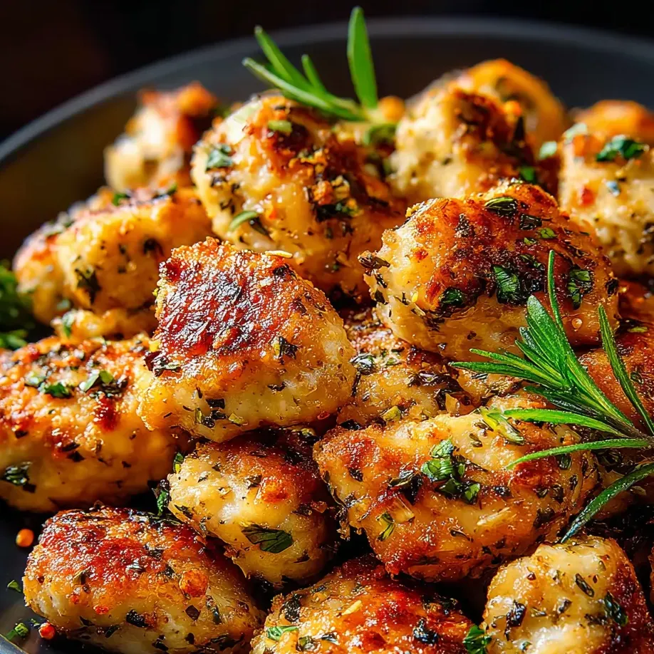 A bowl with spiced, herby chicken bites in it.