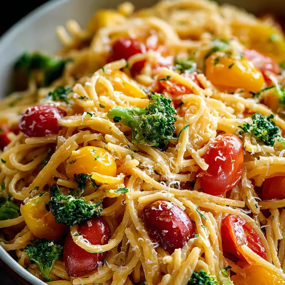 Pasta tossed with tomatoes and broccoli in a white bowl.