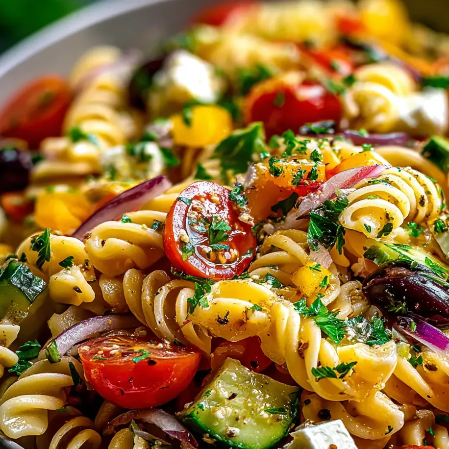 Big bowl loaded with pasta, tomatoes, cucumber, and a sprinkle of cheese.