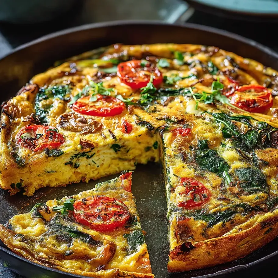 A slice of egg bake with spinach and tomatoes.