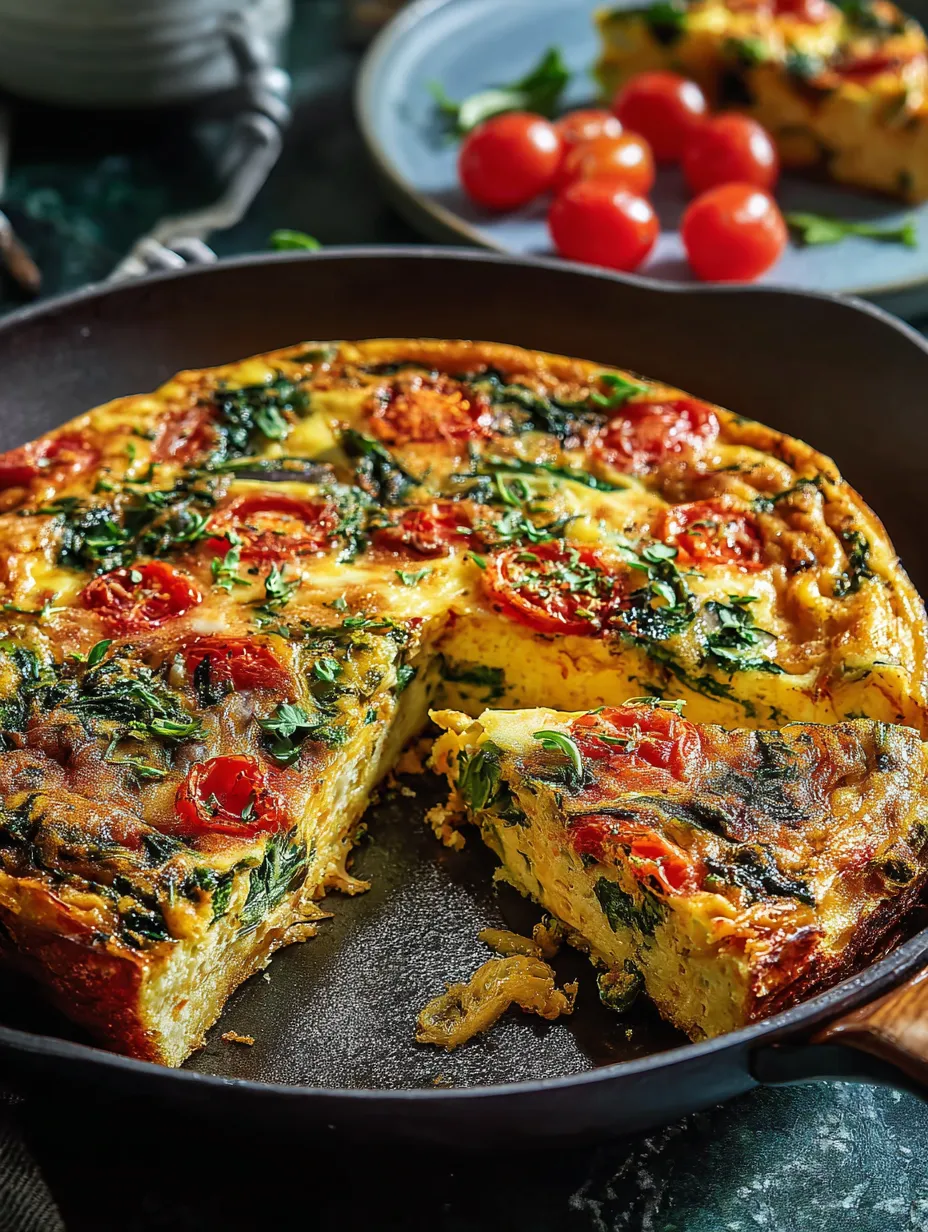 Quiche slice topped with tomatoes and spinach.