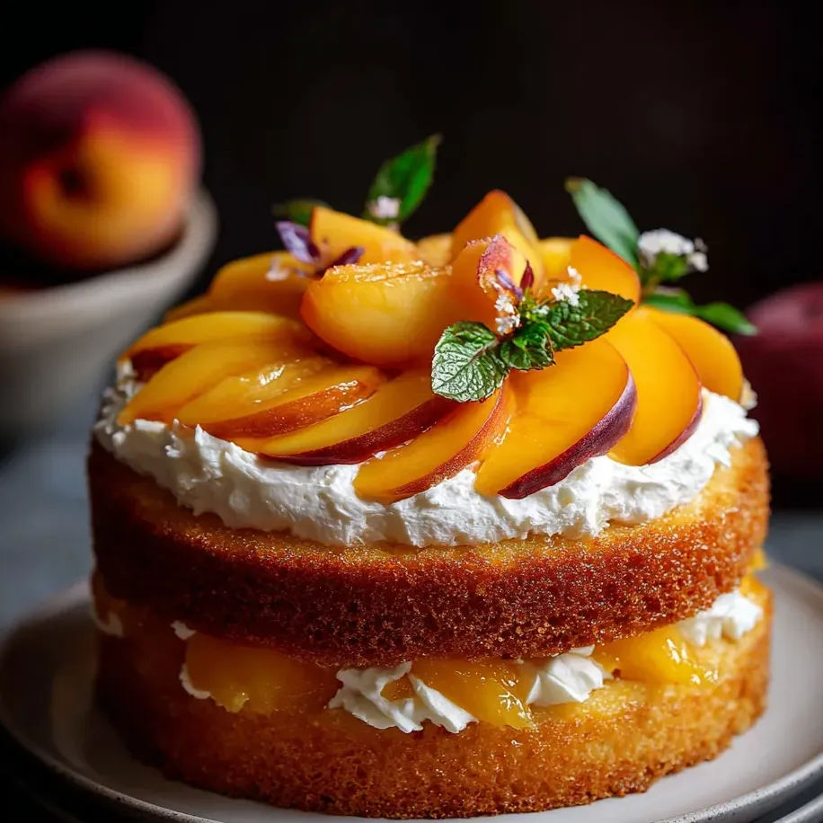 Cake crowned with ripe peaches and fluffy whipped cream.