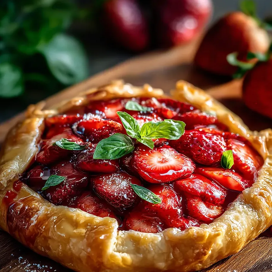 A golden mini pie busting with strawberries and fresh basil.