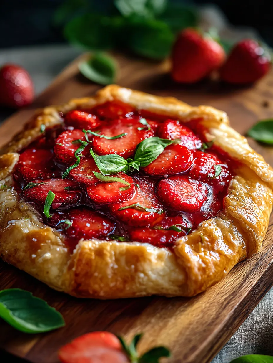Pastry filled with strawberries and basil served on a wooden board.