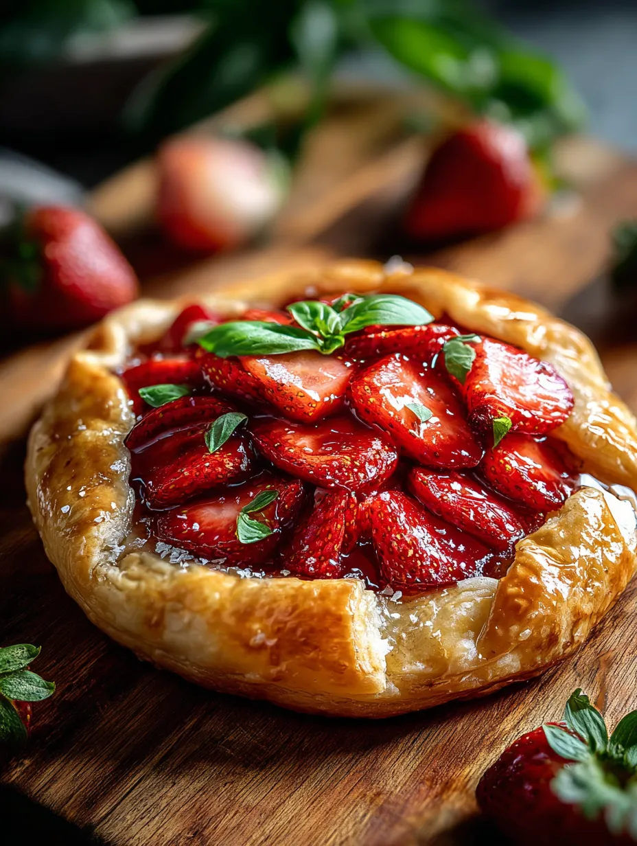 A pie topped with strawberries and basil leaves.