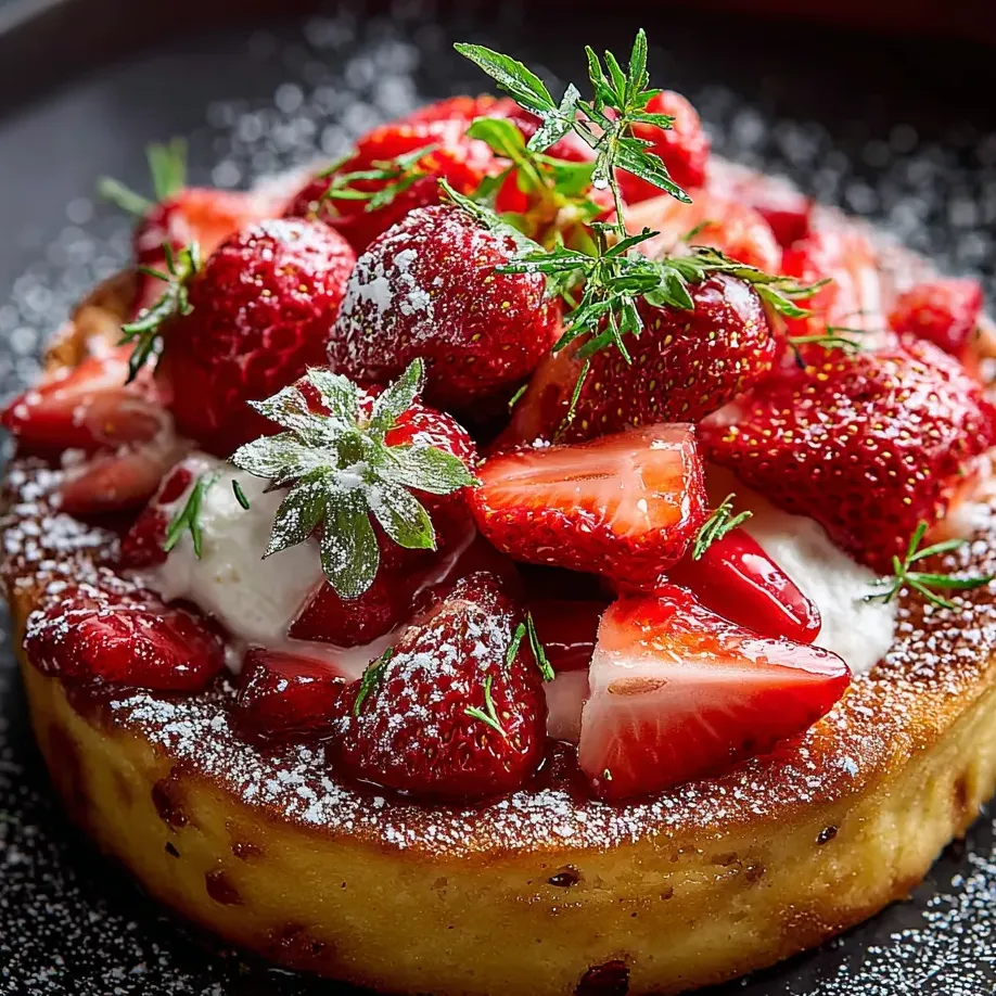 A fluffy cake topped with strawberries and a pile of whipped cream.