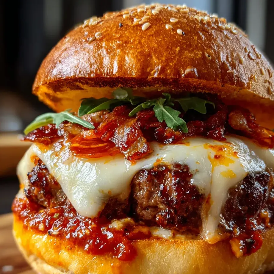 A juicy burger stacked with bacon and melty cheese in close detail.