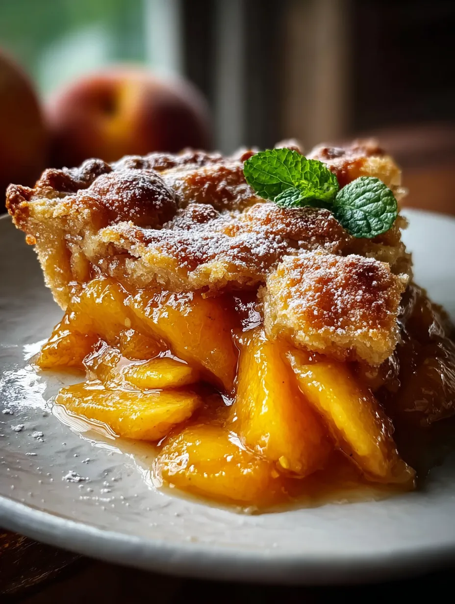 A piece of golden cobbler with a mint sprig on top.