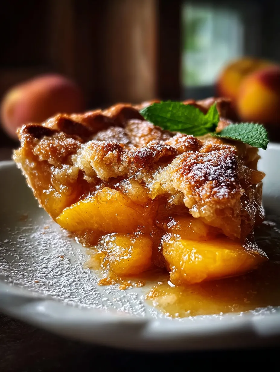 A golden slice of peach cobbler under a sprig of mint.