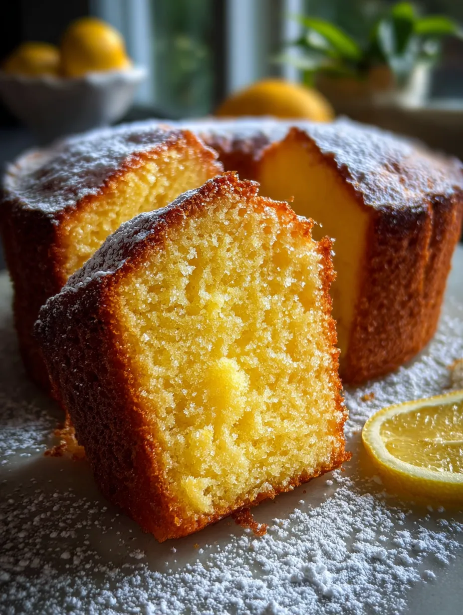Slice of pound cake crowned with a fresh lemon wheel.