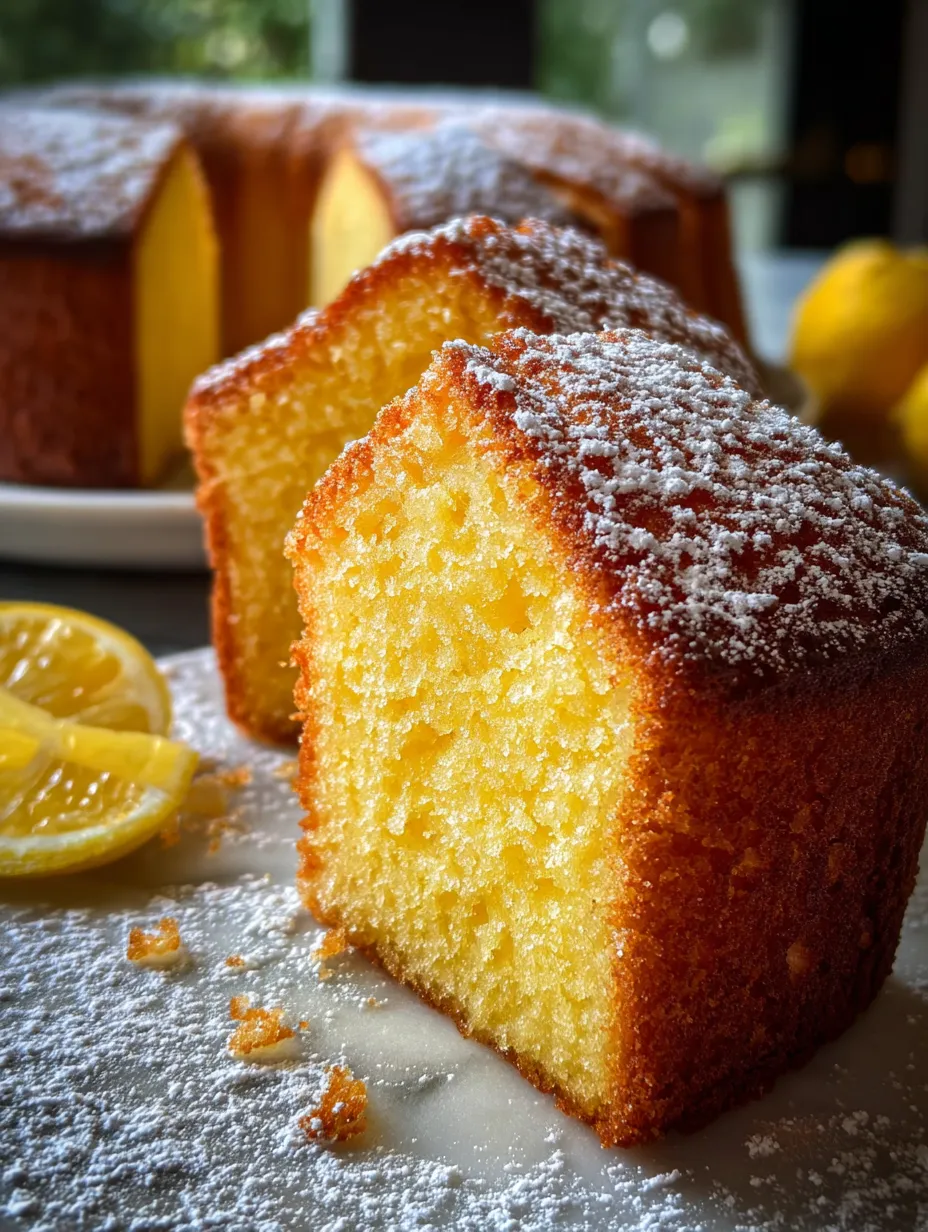 Cake slice topped with powdered sugar sitting on a plate.