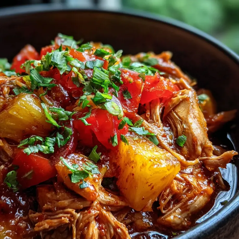 A bowl loaded with pineapple chunks, tomatoes, and chicken pieces.