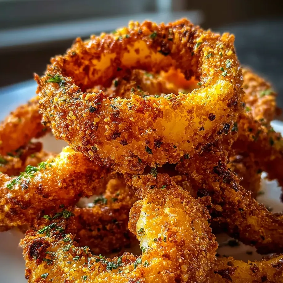 A plate with crispy onion rings and golden crumbs.
