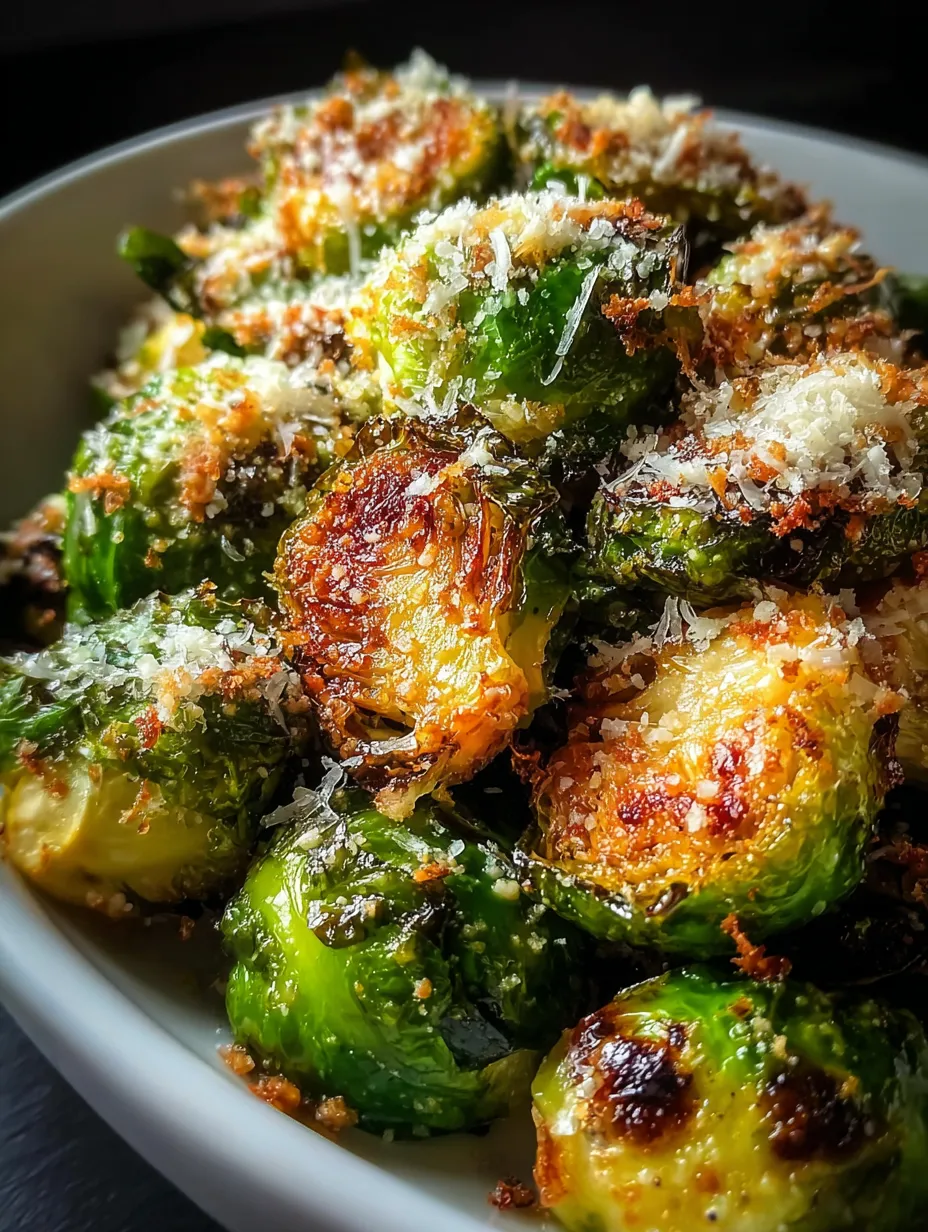 Cheesy Brussels sprouts in a bowl on a table.