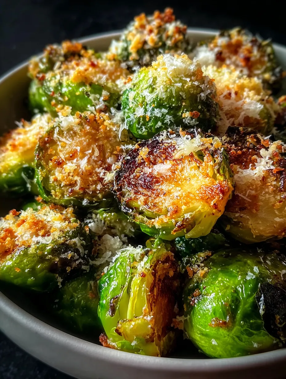 A bowl filled with cheesy Brussels sprouts.