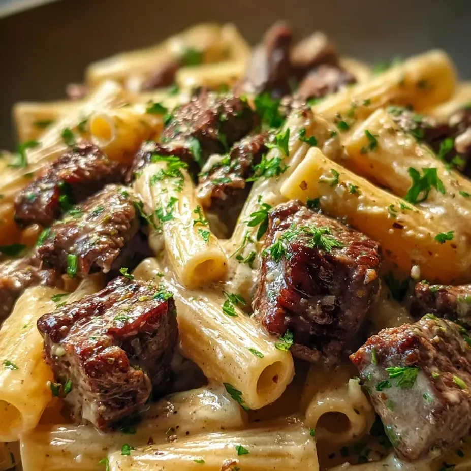 Plate of pasta with steak bits and herbs on top.