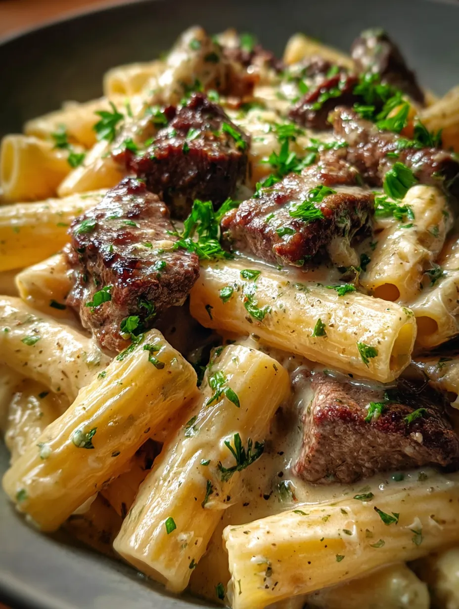 A plate piled with pasta, steak, and cheese.