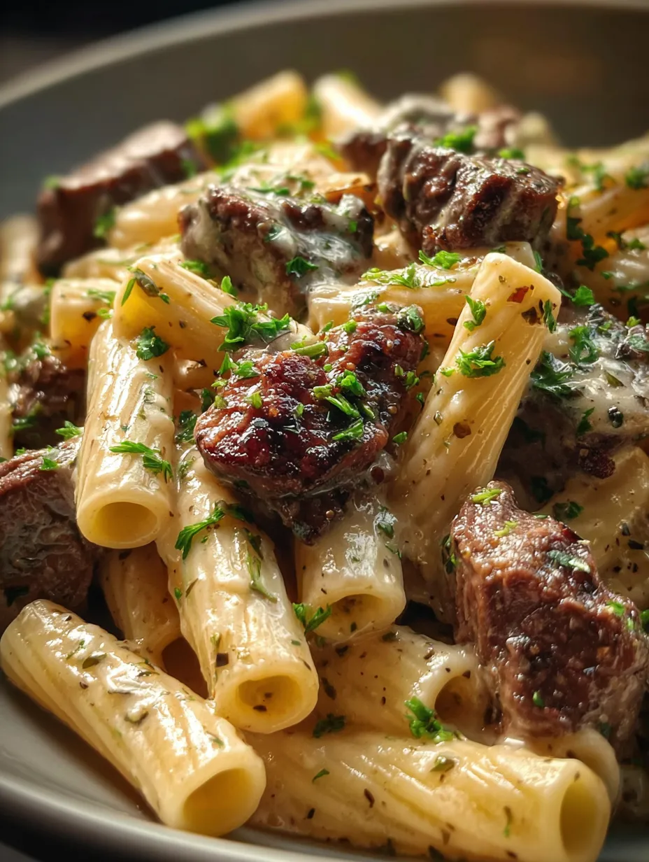 A plate piled with pasta, steak, and cheese.
