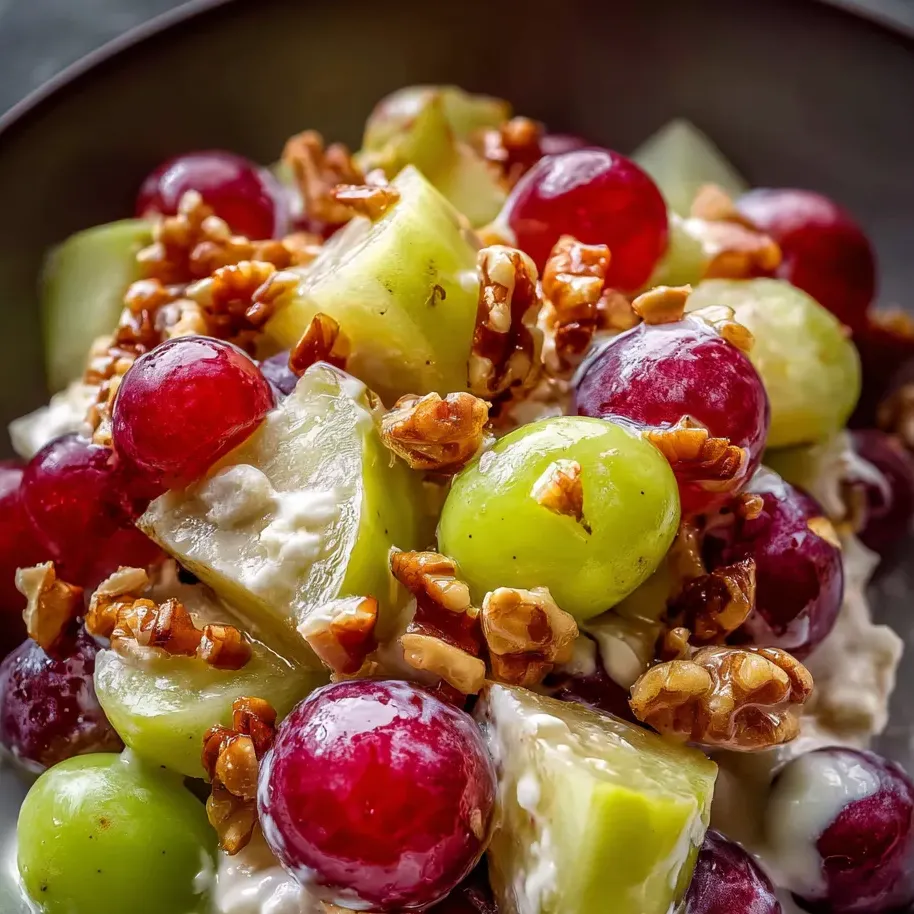A bowl loaded with chopped apples, grapes, and walnuts.