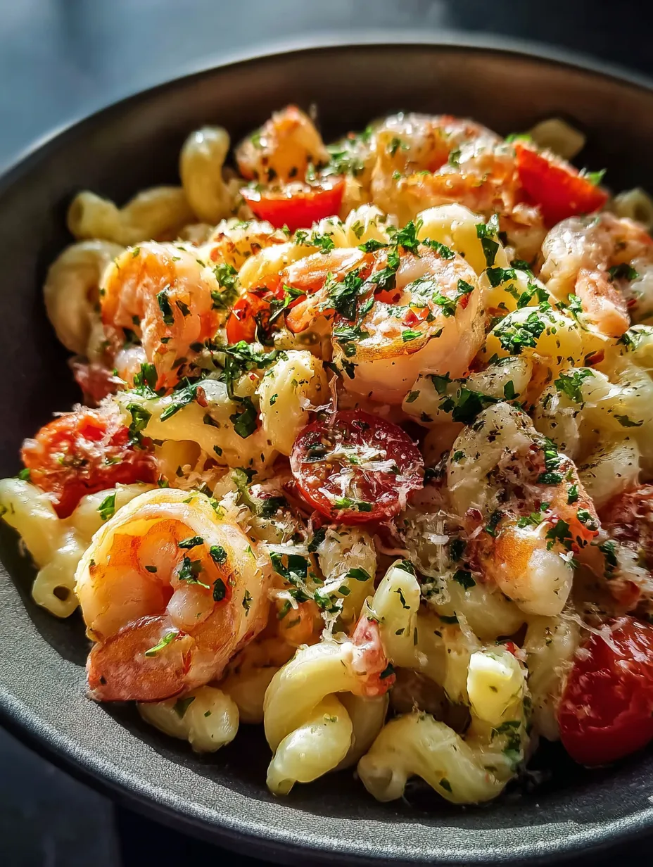 Shrimp pasta in a bowl ready to eat.