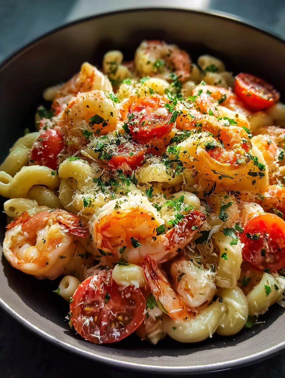 A bowl packed with shrimp, tomatoes, and pasta.