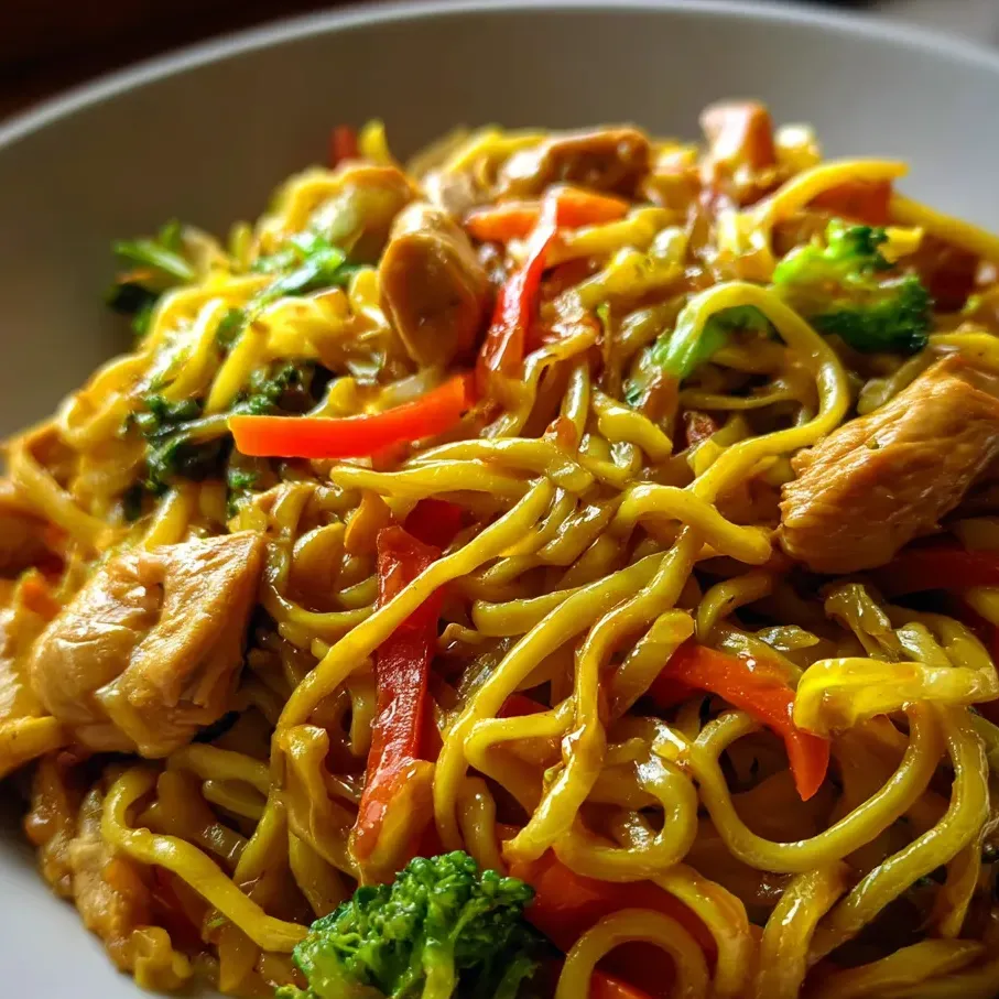 Noodles mixed with veggies and chicken on a plate.