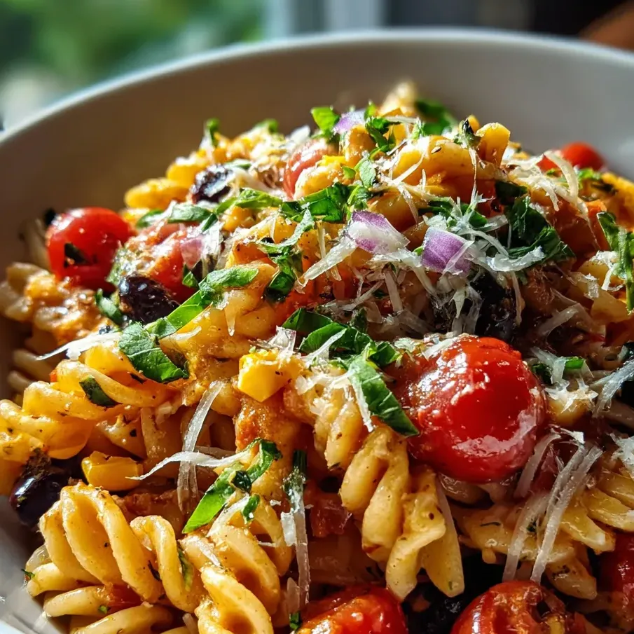 A bowl loaded with cheesy pasta and fresh tomatoes.