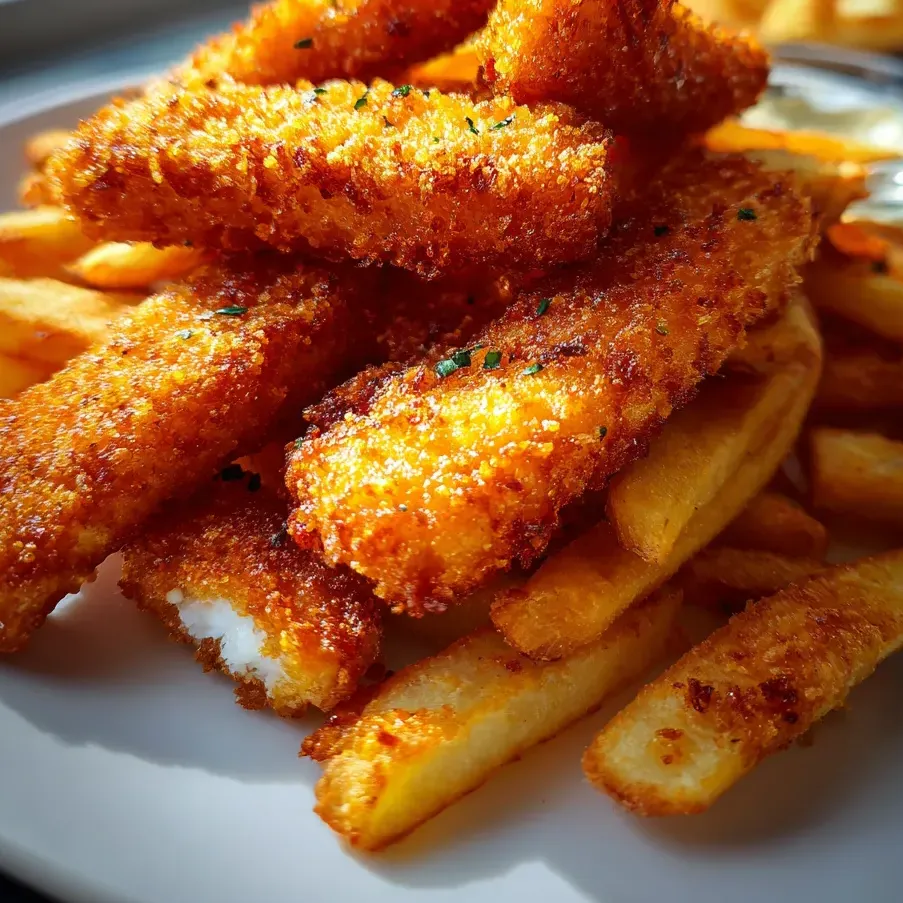 A plate stacked with fries and breaded fish sticks.