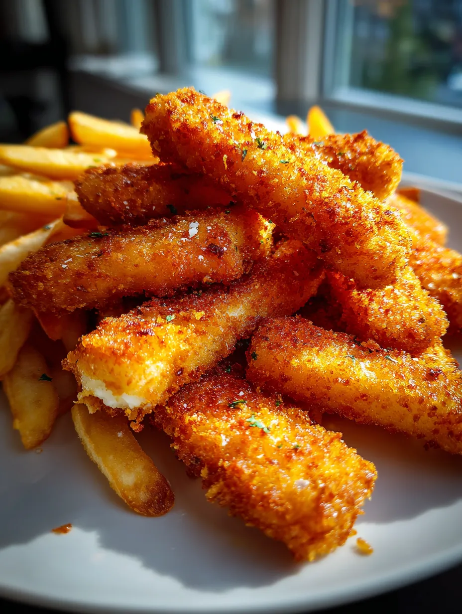 Fried fish fingers and fries stacked with a slice of bread.