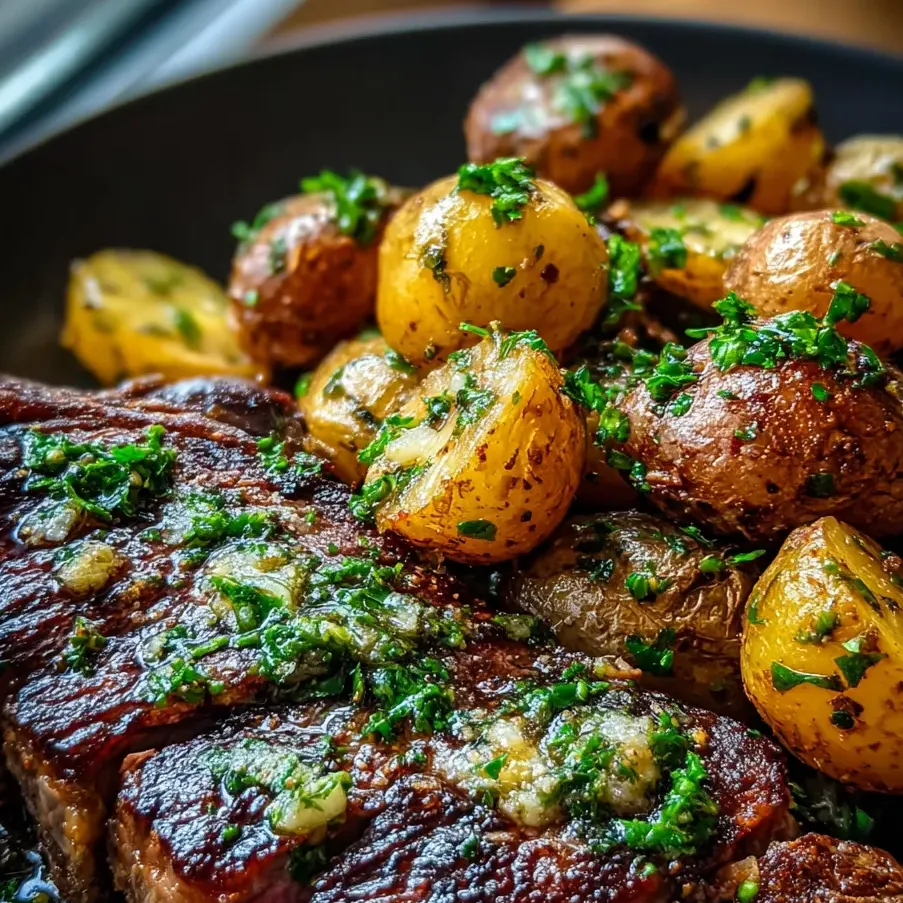 A plate loaded with steak and potatoes.
