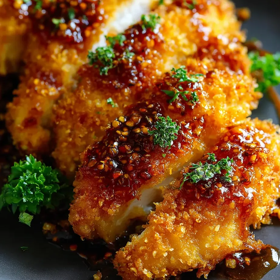 A plate with golden, saucy fried chicken on it.