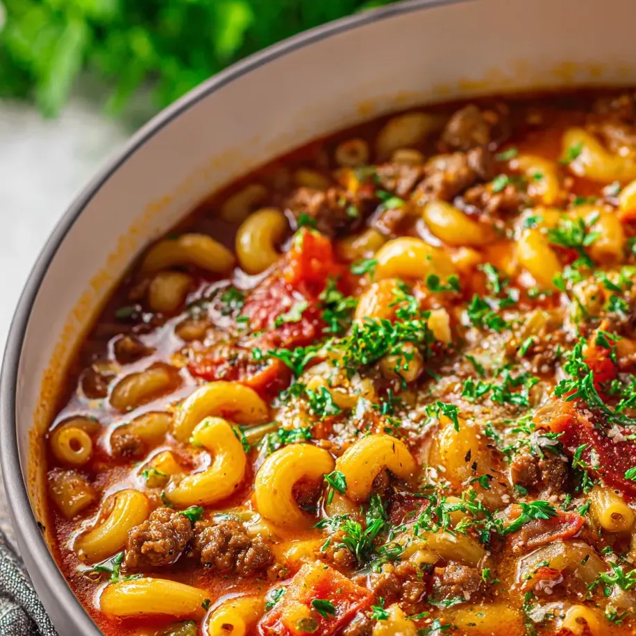 Soup bowl filled with tender pasta, veggies, and beef.