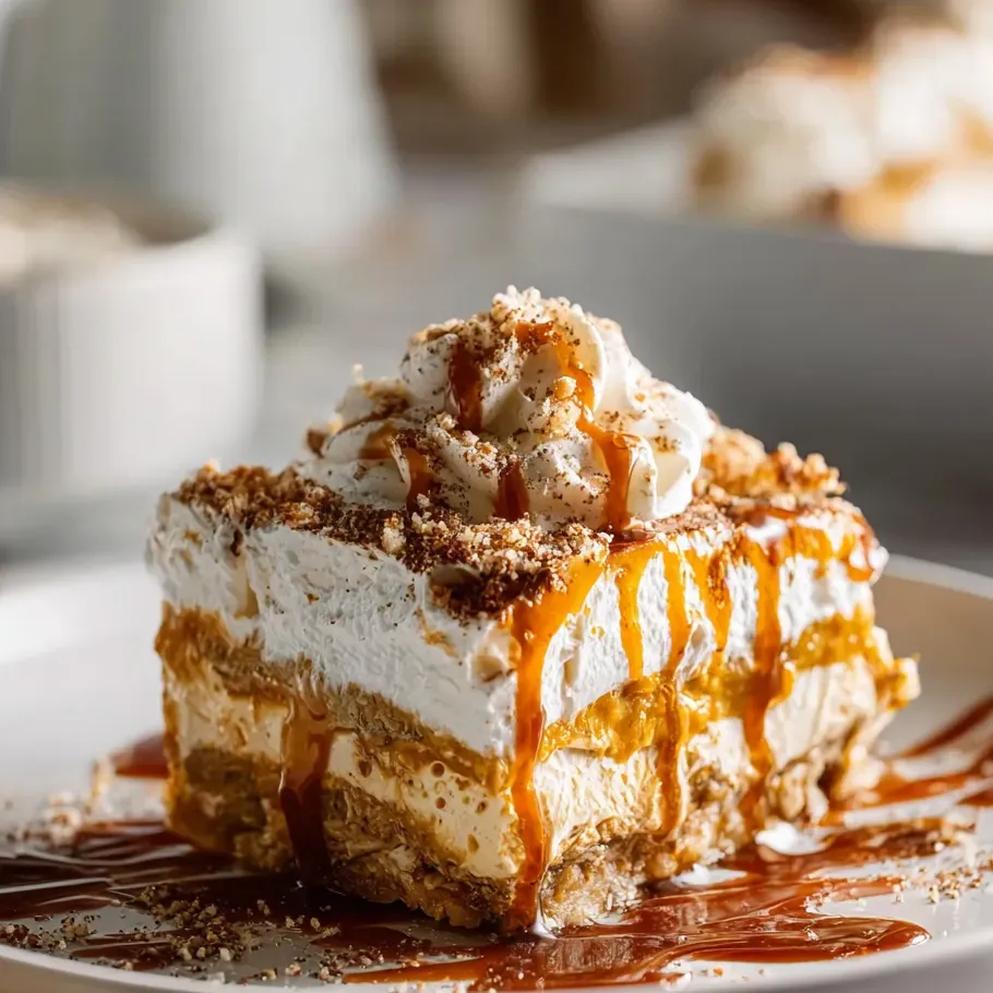 Thick square cake slice topped with caramel drizzle.