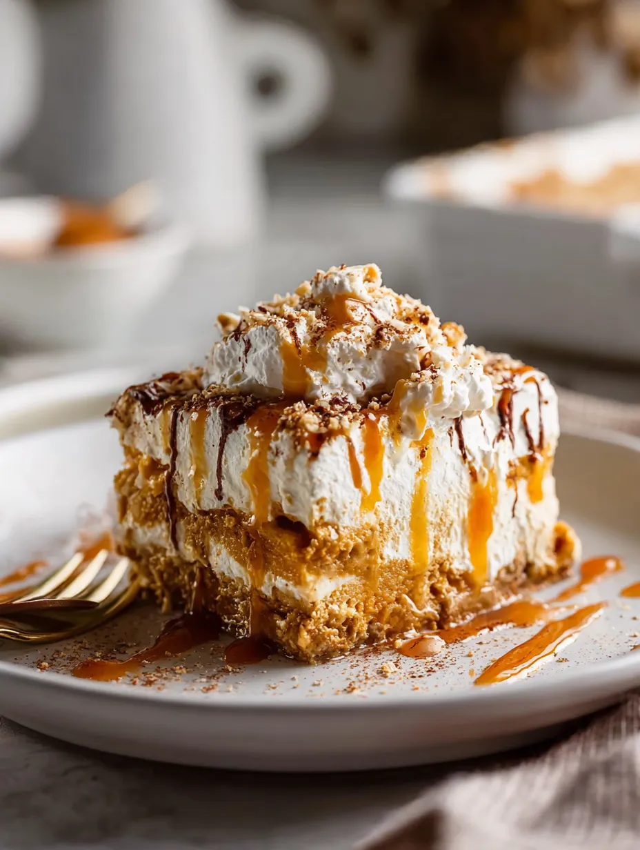 Dessert slice with caramel on top.