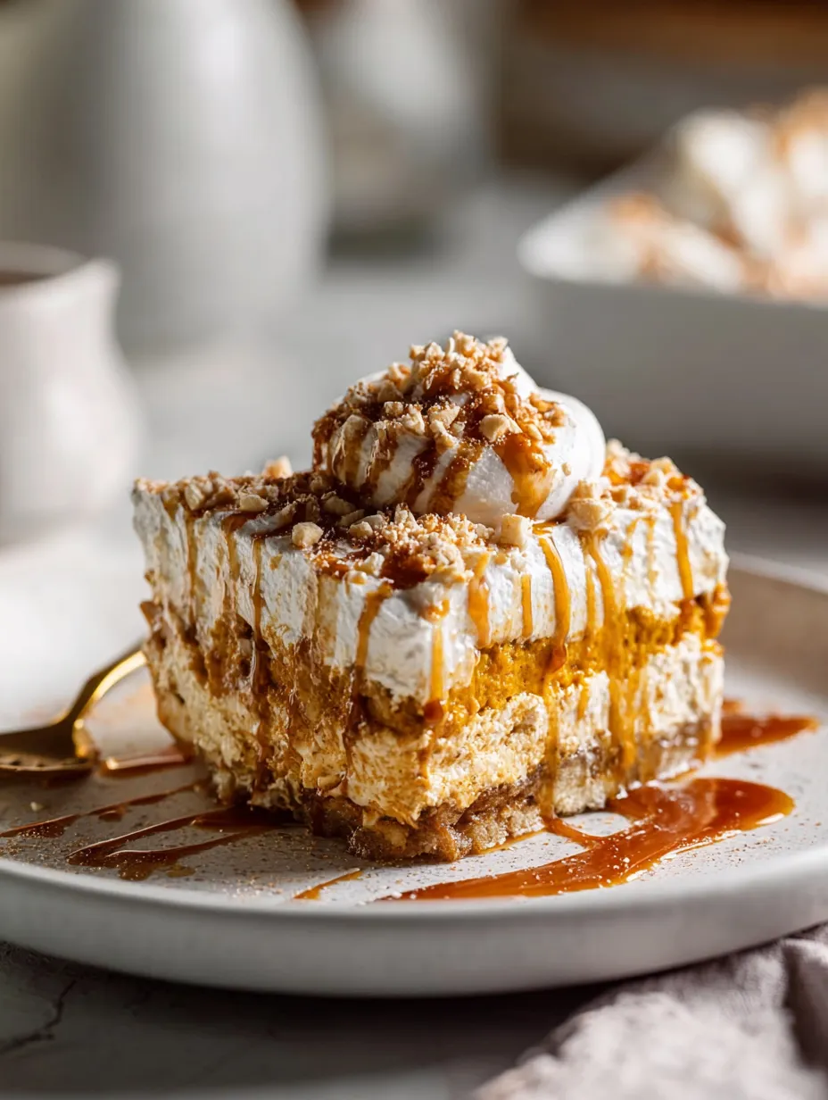 A piece of dessert topped with caramel sauce.