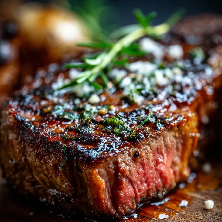 A juicy steak topped with herbs sits ready to eat.