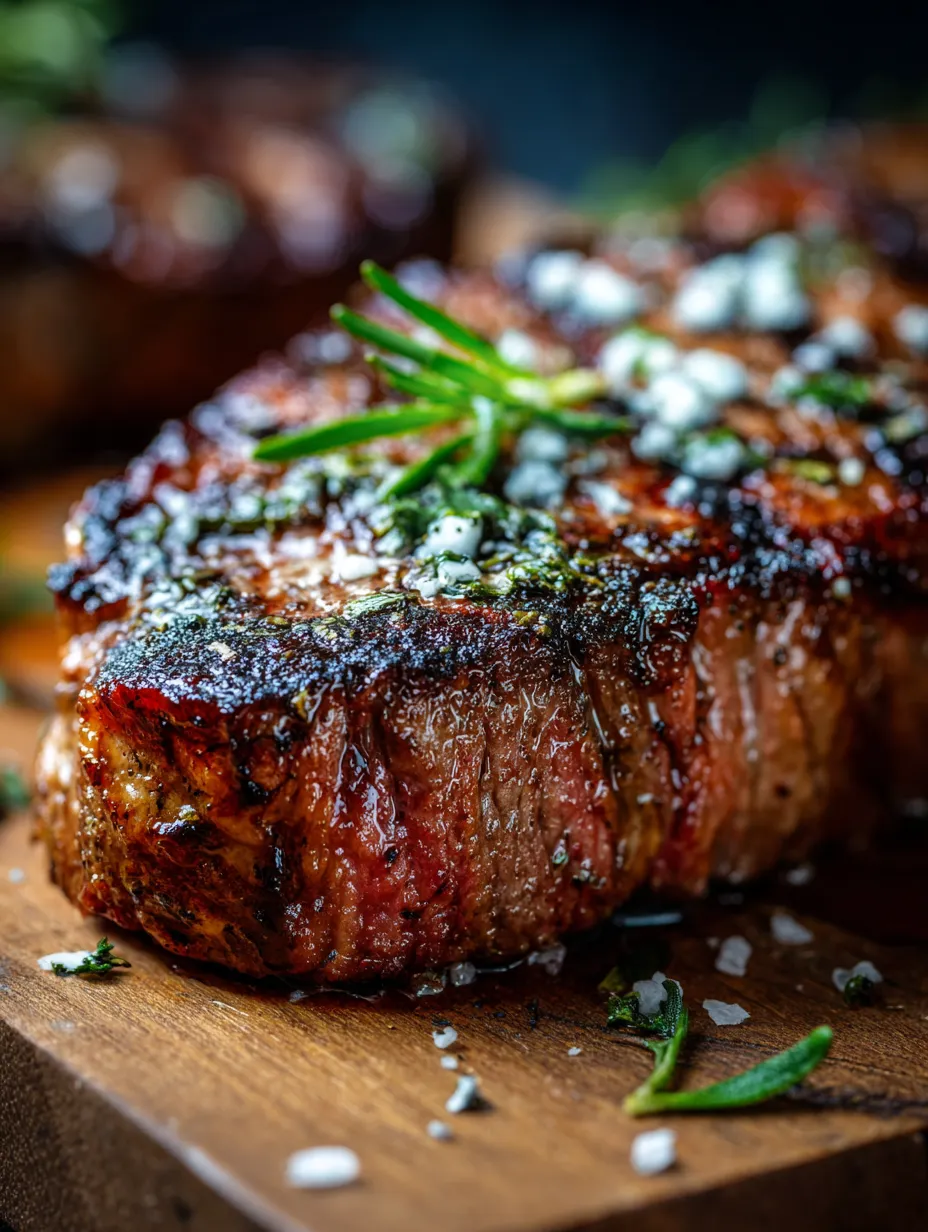 A steak with herbs on top.