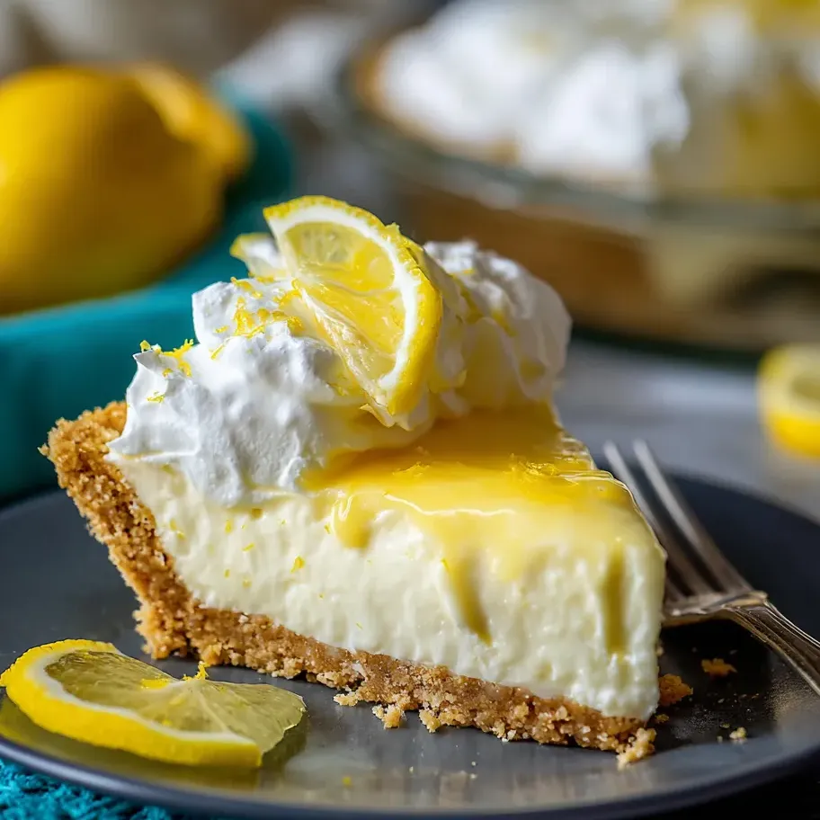 A wedge of lemon cheesecake garnished with a lemon slice.