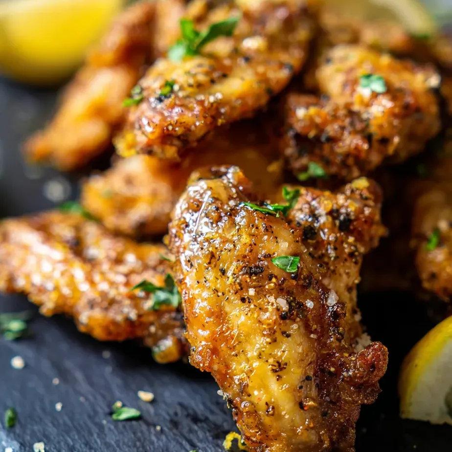 Crispy wings stacked on a plate with lemon slices.
