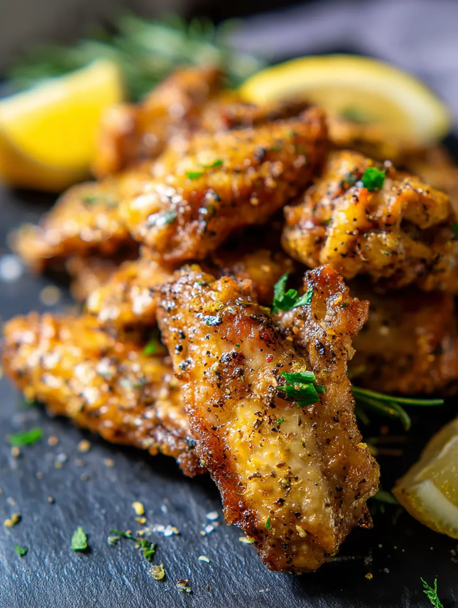 Crunchy chicken wings on a plate with lemon slice.