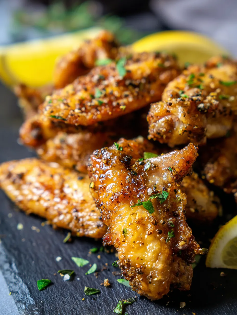 Plate of crispy fried wings with slices of lemon.