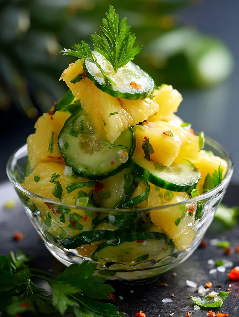 A bowl holding pineapple chunks and cucumber slices.