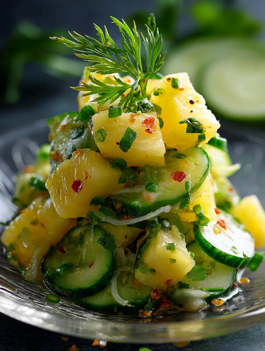 A plate piled with cucumbers and pineapple chunks.