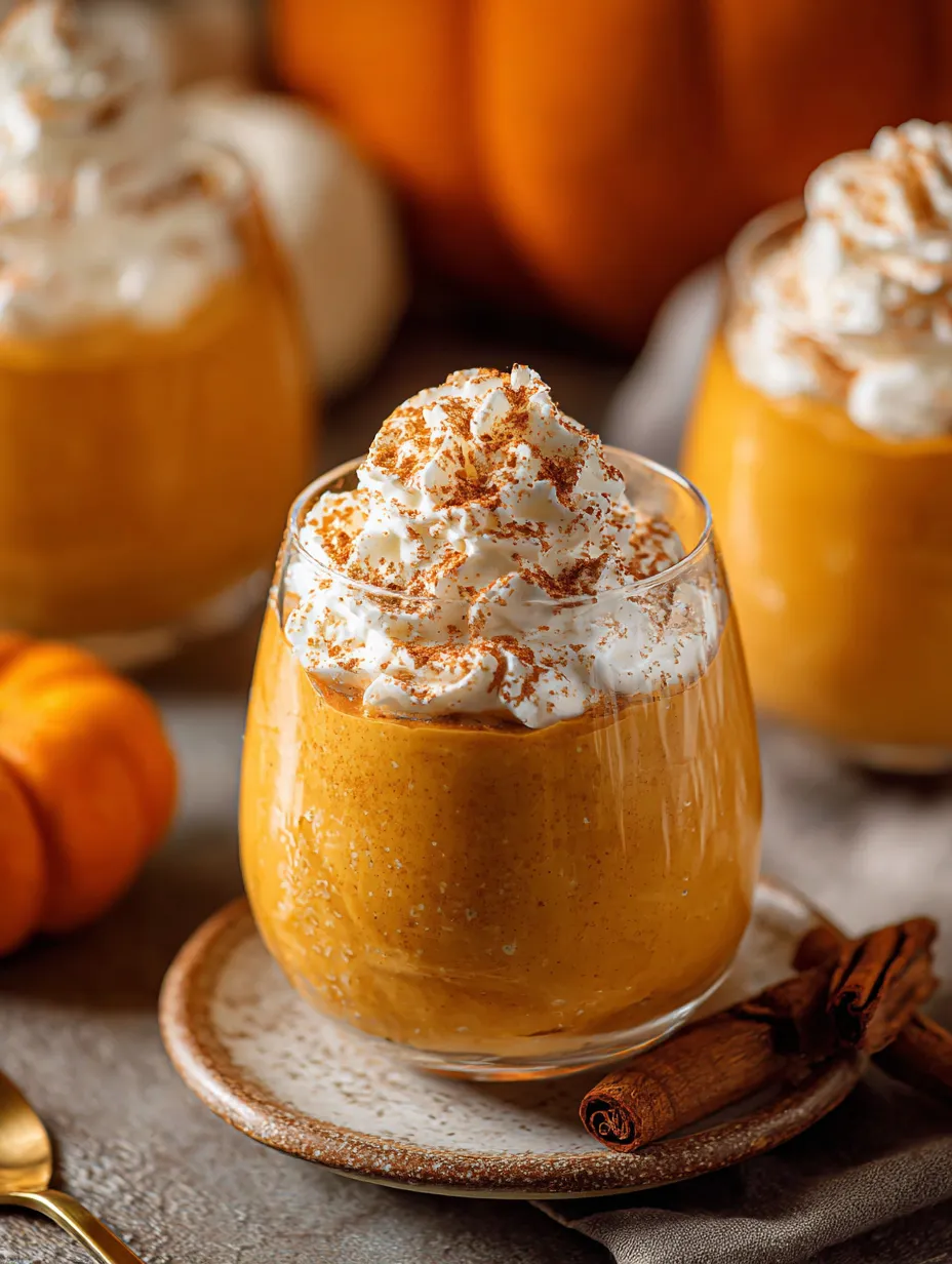 Pumpkin mousse with whipped cream served in a glass.
