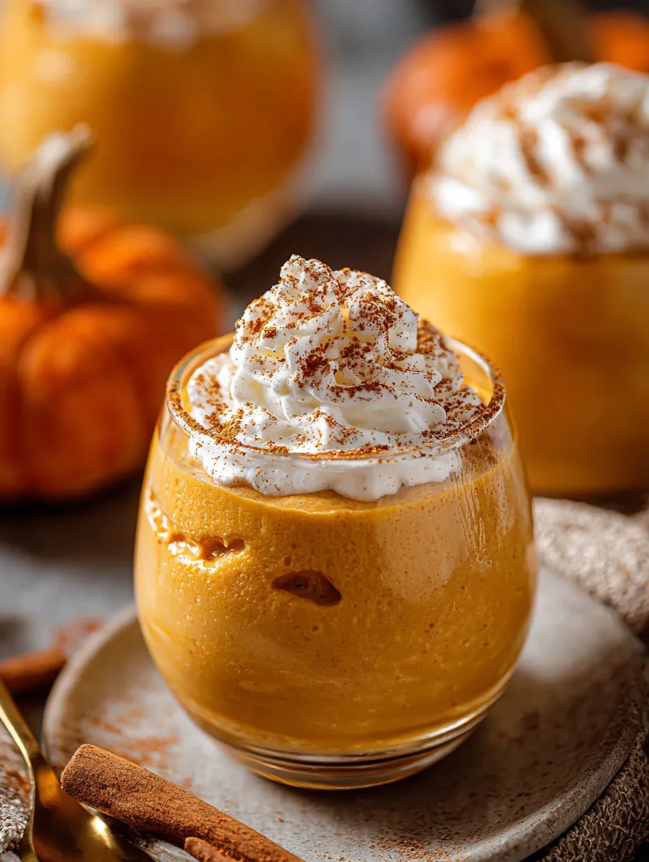 Pumpkin dessert in a glass cup topped with whipped cream.