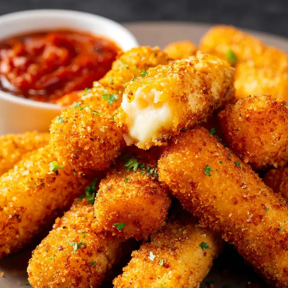 Some golden fried mozzarella sticks on a plate with a little bowl of sauce.