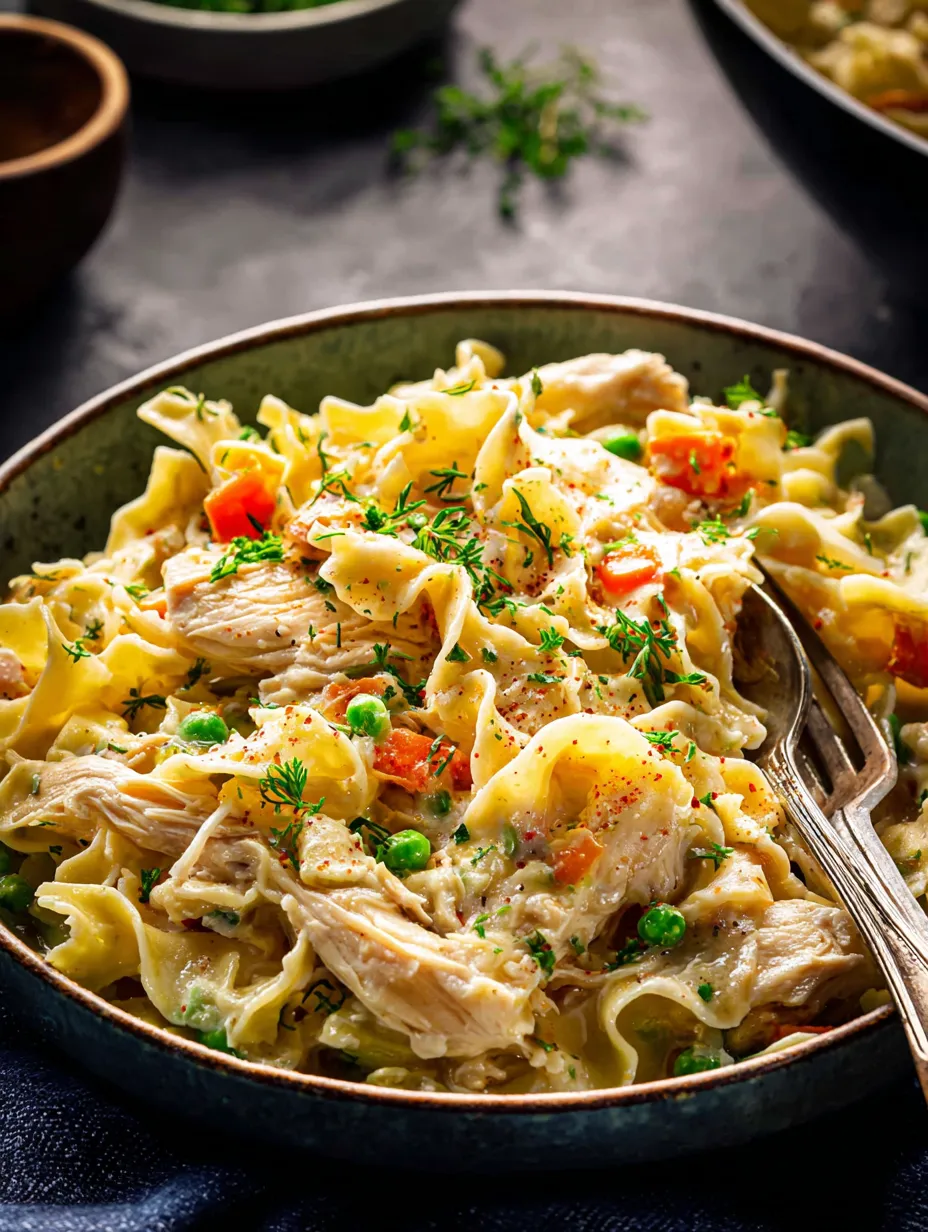A bowl with noodles, chicken, and sweet peas.