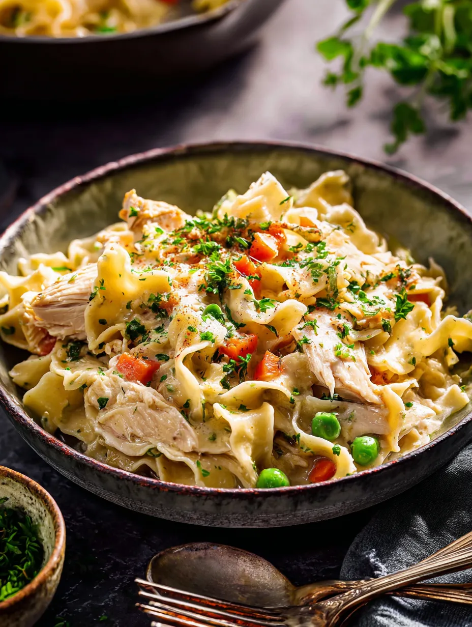 A bowl filled with pasta, veggies, and chicken.