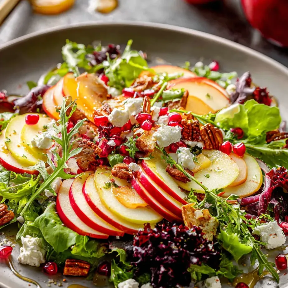 A salad topped with apples on a plate.